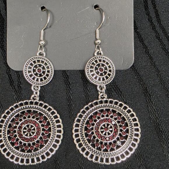 paparazzi Jewelry - Paparazzi Silver Tone Dark Red Rhinestone Double Disc Dangle Earrings NWT New On